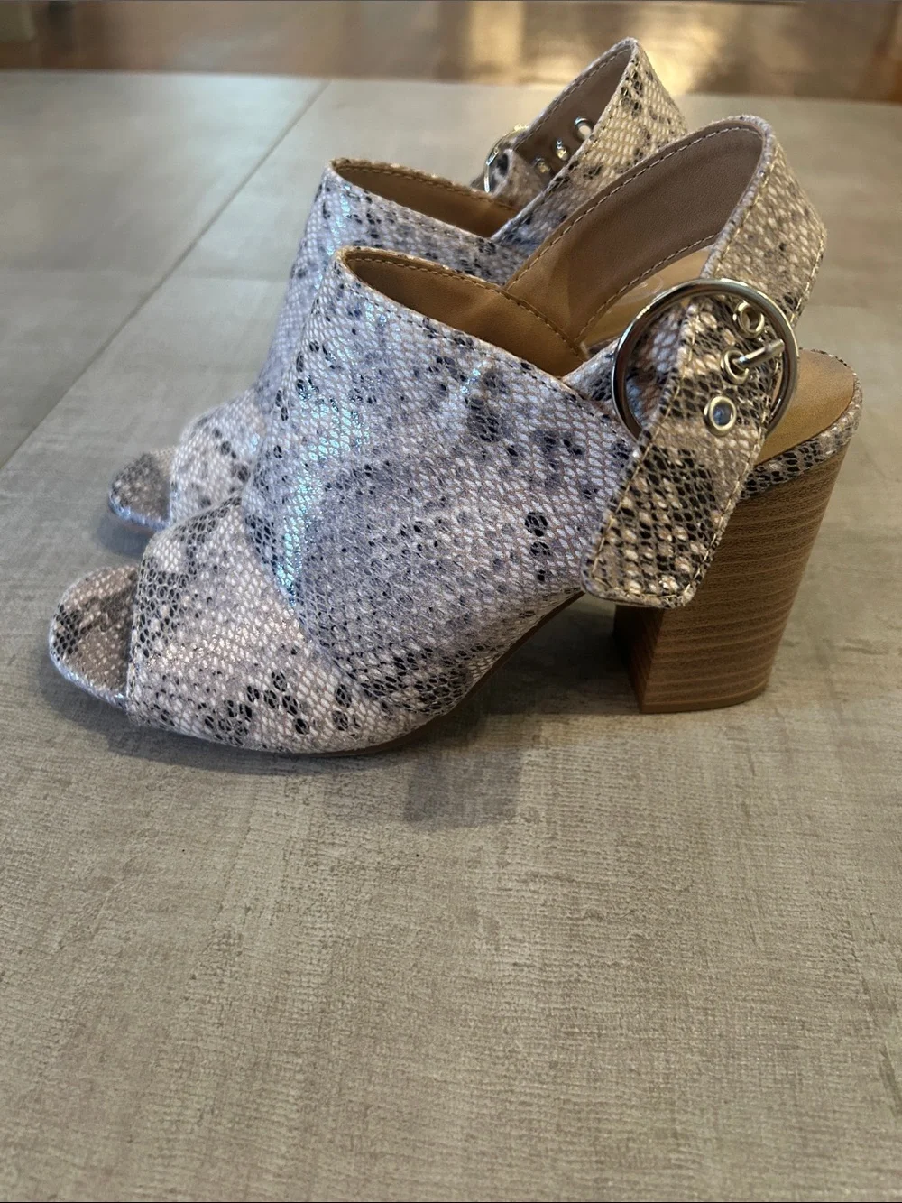 Peep-Toe Snake-Print Slingback Heels - Neutral Gray